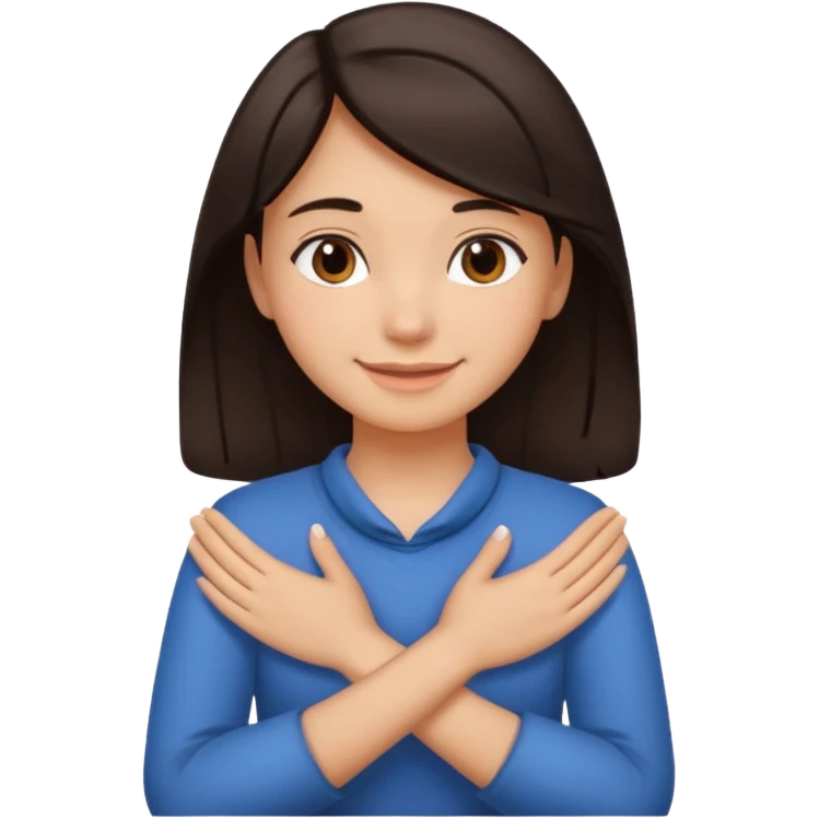 make an emoji of a girl with medium skin and very dark brown hair. her hands are crossed and holding the front of her neck. her face is smiling emoji