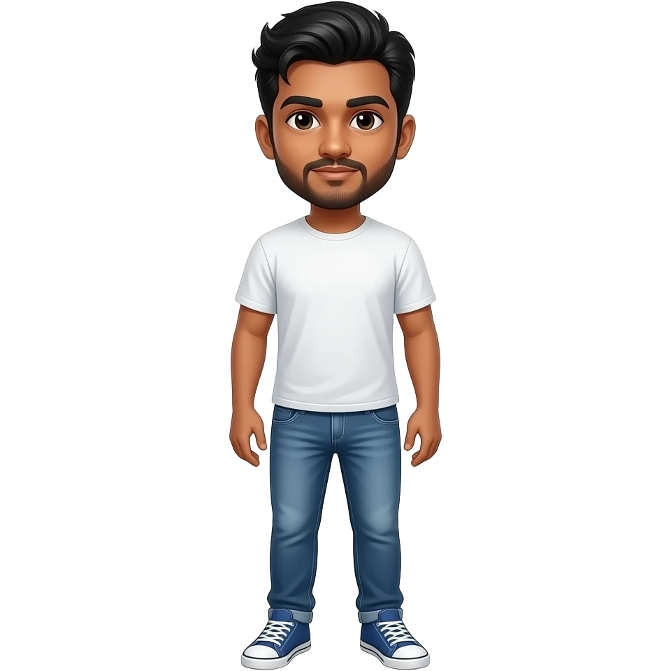 25 year old Sri Lankan man fade hair cut white t-shirt denim jeans and blue sneakers emoji