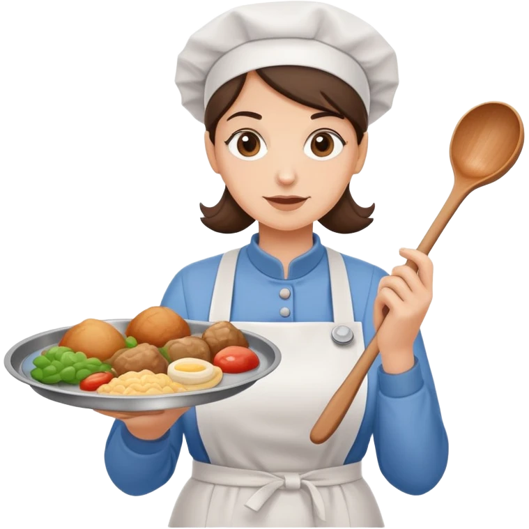lunch lady holding a ladle and a tray with gross food, cartoonish emoji