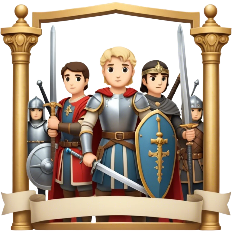 Icon for Historical Movies: A vintage movie poster-style design with elements of ancient architecture, historical figures in period costumes, and a backdrop of a historical event or battle. Include scrolls, swords, and shields. Retro cinematic feel. Transparent background. emoji