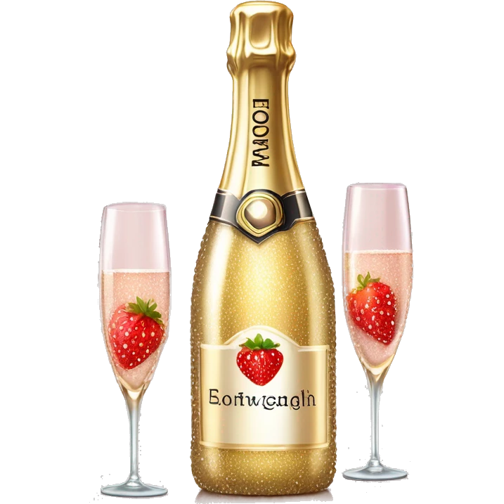 Realistic sparkling diamond glam bottle of champagne with matching skinny glass filled with the champagne with strawberry in the bottle of glass. emoji