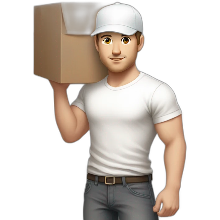 Pale skinned fit Man with dark brown hair in a light gray cap, dark brown jeans, brown polo and white T-shirt keeping a pasted with tape white box into his hands emoji