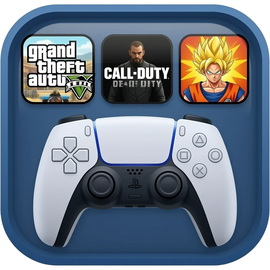 icone avec a l interieur des icone de jeu grand theft auto 5   call off duty et dragon ball z et ubien ecritne mannette ps5 devant emoji