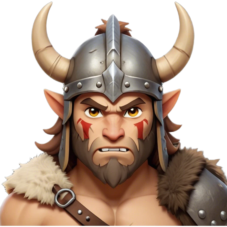 Clash of Clans aesthetic: Cinematic Fierce Barbarian Portrait Emoji, Poised and bold with a rugged yet cartoonish build in tattered furs and a horned helmet, his face rendered in a natural skin tone (not yellow), expressive bright eyes and a confident smirk, Simplified yet dynamic features, highly detailed, glowing with a vivid, adventurous aura, high shine, heroic and spirited, stylized with an air of medieval warrior charm, focused and energetic, soft glowing outline, capturing the essence of a fearless barbarian adventurer ready to lead his clan with spirited valor! emoji