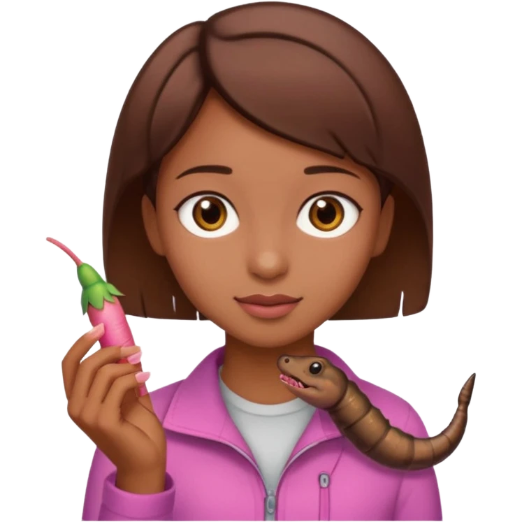 a girl with brown eyes, brown short hair and a worm emoji