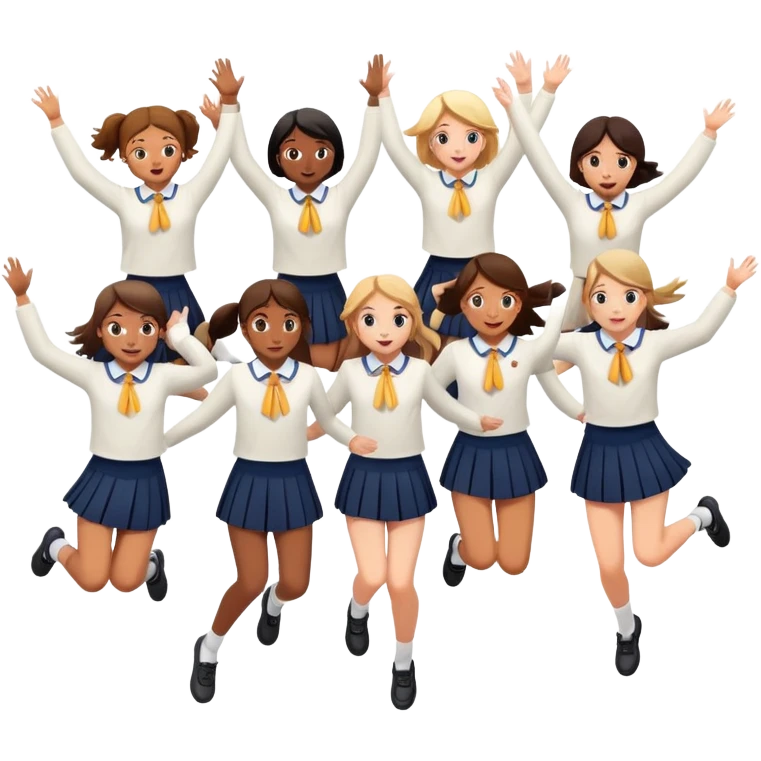 six girls in school uniforms jumping together emoji