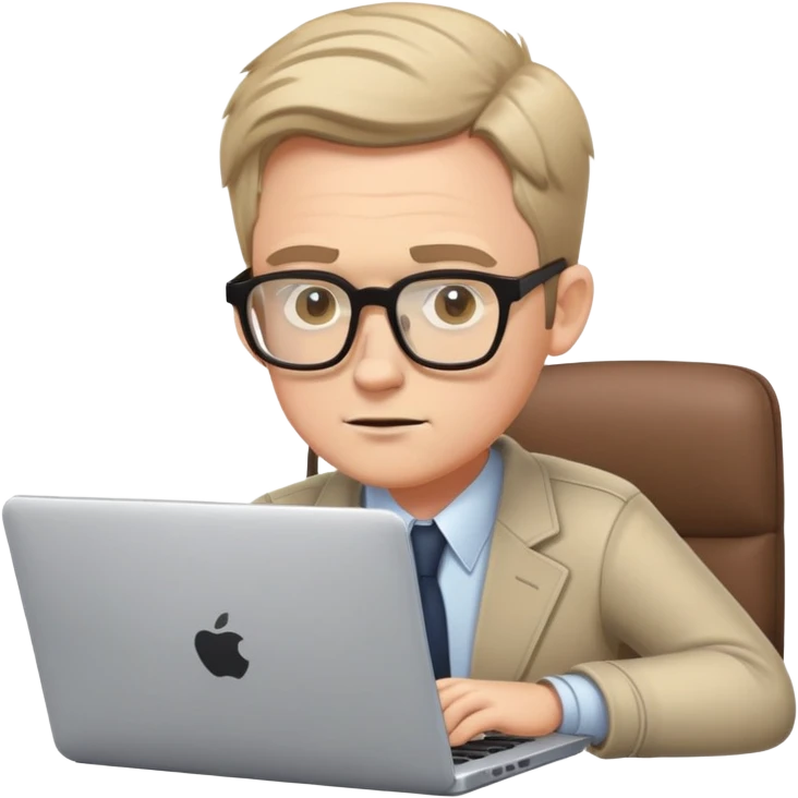 white male journalist typing on a laptop, wearing glasses, focused expression emoji