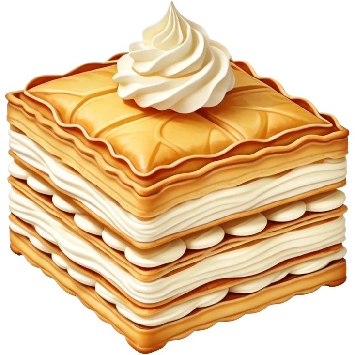 mille-feuille-cinematic-realistic-mille-feuille-dessert-emoji,-depicted-as-a-rectangular delicate-pastry-composed-of-two-crisp-layers-of-puff-pastry-with-a-rich-cream-filling,-rendered-with-intricate-textures-and-elegant,-soft-lighting. Please only show two layers only. emoji
