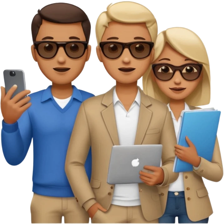Команда в костюмах из трёх человек. на переднем палне Мужчина впереди общается по смартфону, дальше женщина слева стоит с ноубуком, мужчина справа держит бумаги. У всех людей разные, но позитивные эмоции. Все троя в солнцезащитных очках emoji