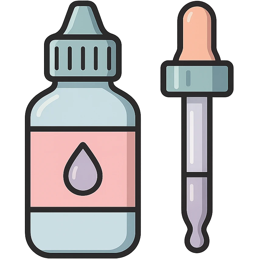 eye drops bottle and pipette side by side, vector look with shadows and highlights, detailed shading, thin clean outlines, soft rounded features, pastel palette #98B5BC #B5B3C1 #C9A3C9 #E4C0CA #F7DCD1 #F7C0AA, Japanese pop art, sticker look, highly detailed, transparent background emoji