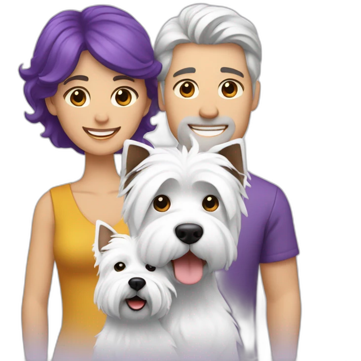 a family consisting of 1 white man with dark brown hair, 1 white woman with purple hair and 1 happy west highland white terrier emoji