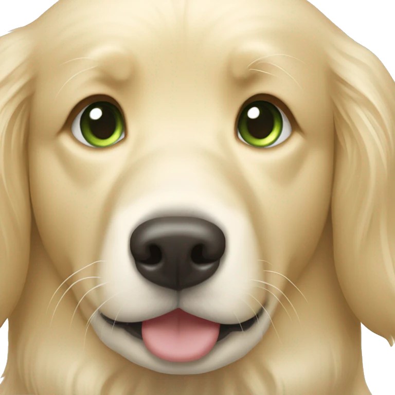 English cream golden retriever with woman who has dark blonde hair and green eyes emoji
