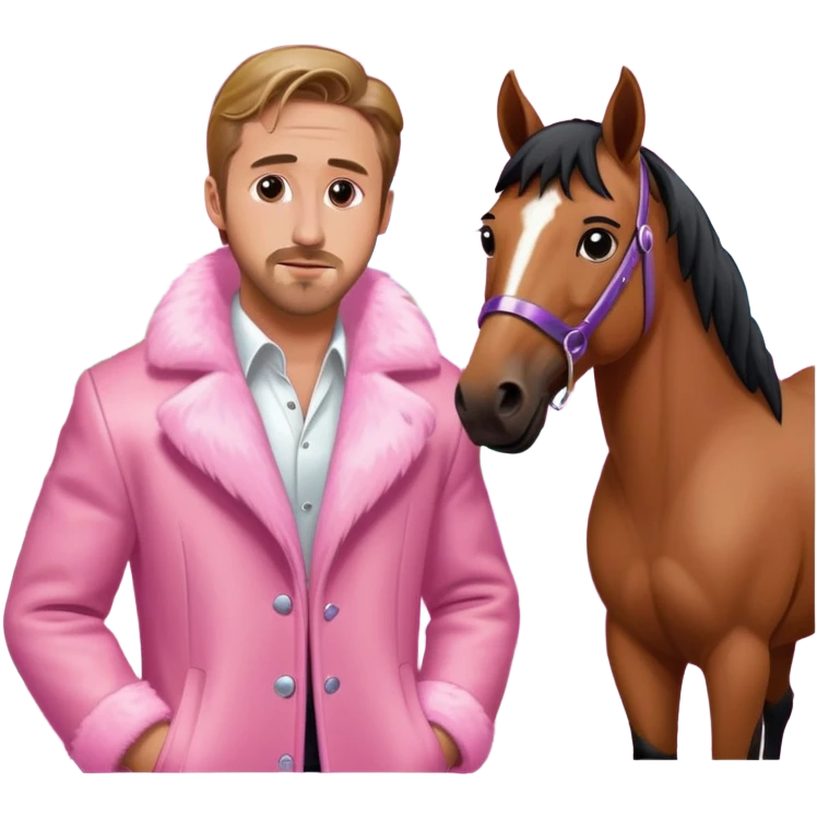 Ken playing by Ryan Gosling in a pink mojo jojo casa house wearing a white fur coat standing next to a horse a horse emoji