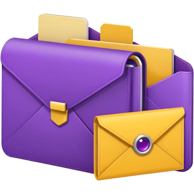 simple, minimalistic yellow (hex#FFD008) and purple (hex#8C52FF) icons of a pin, a working case, a folder, a magnifier, an email, an envelope emoji