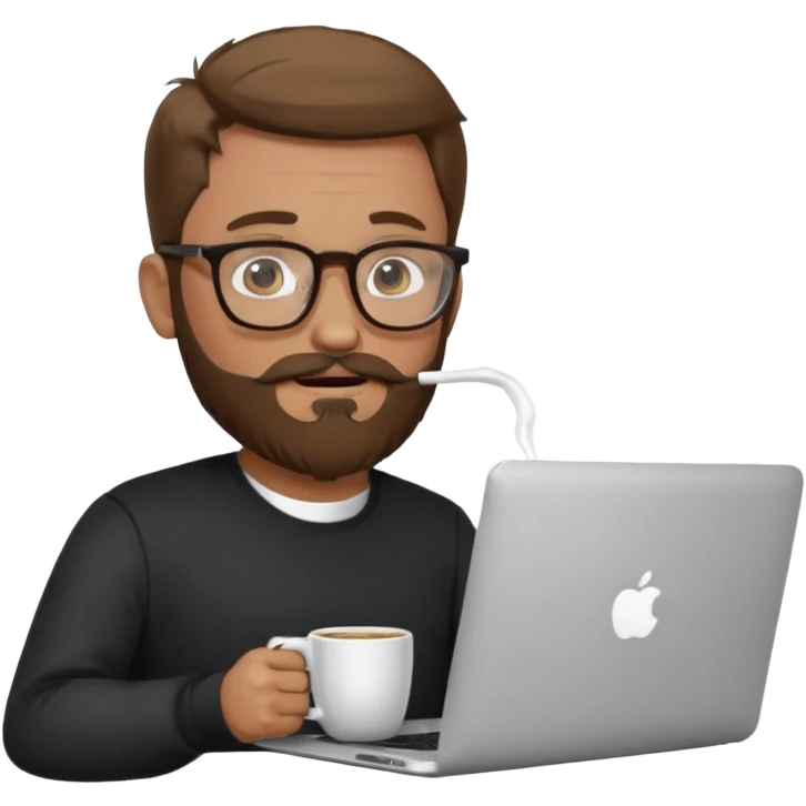 Man beard glasses hazel eyes MacBook coffee emoji