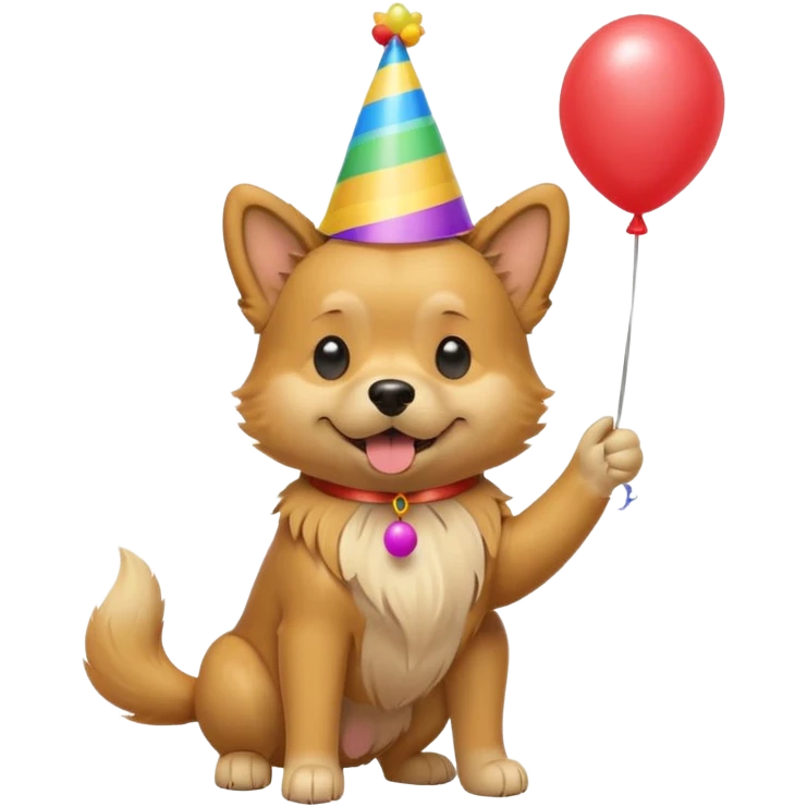 A dog wearing a party hat, wagging its tail while holding a tiny balloon.

















 emoji