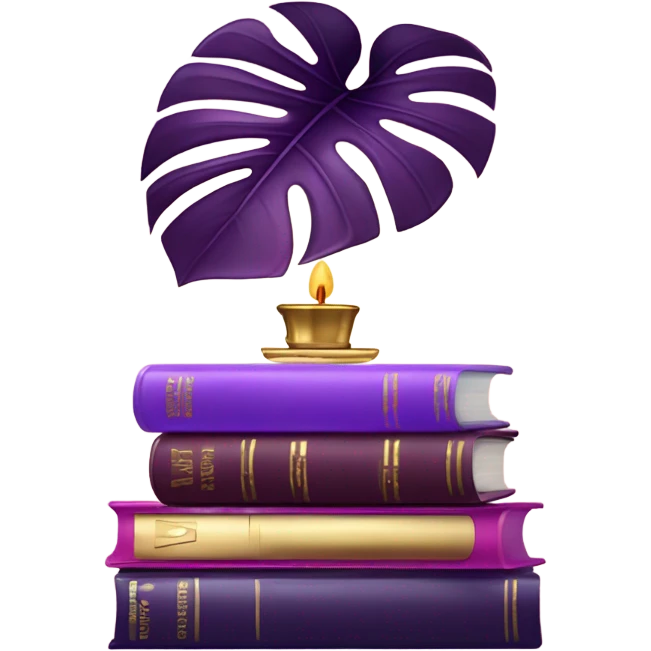 An elegant still life featuring a stack of light and dark violet books, a pink monstera plant, and a brass candle holder. emoji