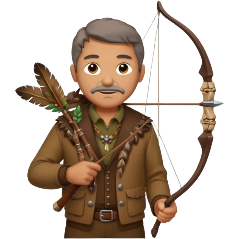 The classic image of a middle-aged uncle hunter carrying a bow, dressed in brown clothes, with some ornaments made of feathers, bones or teeth on his body. emoji