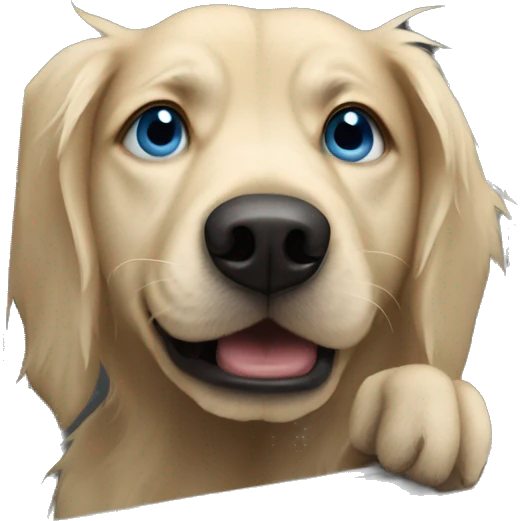 Dirty, blonde dog with blue eyes its head out the window mouth open emoji