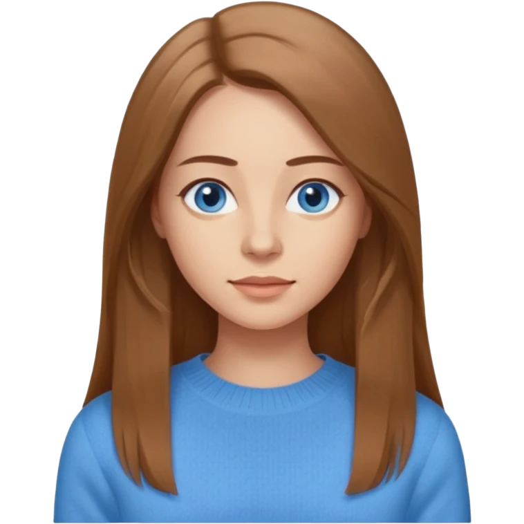 a woman, 30 years old, light skin with medium brown straight hair, long hair. blue eyes. No eyeglasses. hair in middle part. emoji
