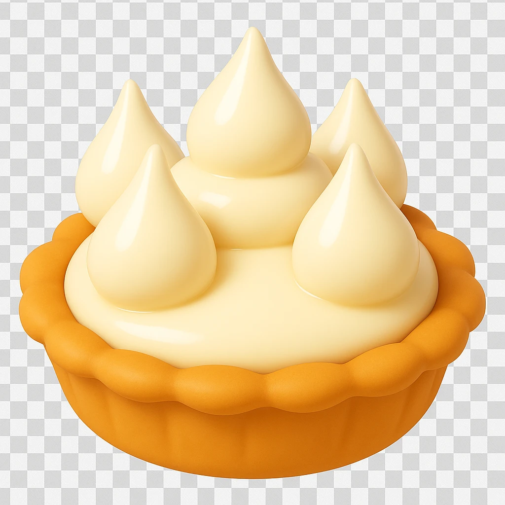 Frame 6 of 15: Cream pie with five cream droplets, playful 3D emoji style, golden brown crust, same angle as reference emoji