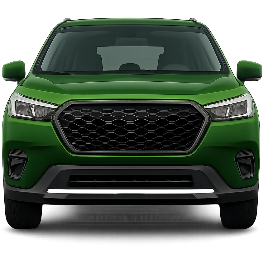 Show the green SUV from the front, with a visible face, no background. Remove the background to isolate the subject. emoji