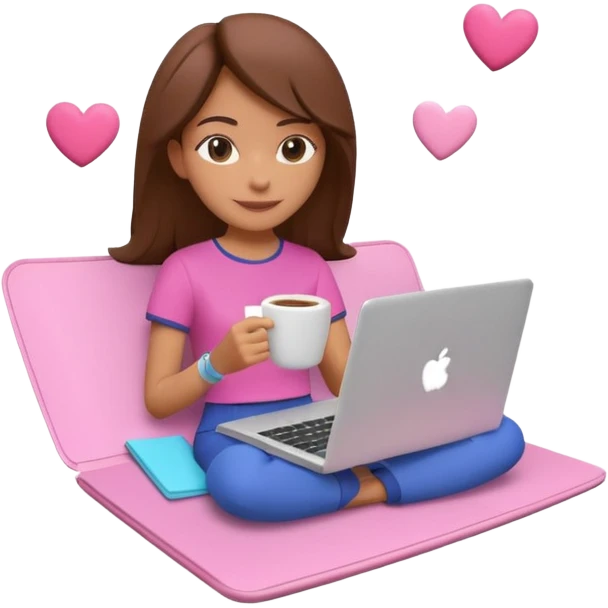 3D clay character relaxed with laptop and coffee, floating icons (envelope, heart, dollar), colofrful outfit, pink (#FF6B9D) floating icons, white laptop, Pixar style, transparent background emoji