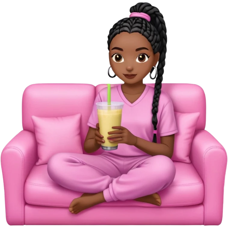 A dark-brown-skinned Black woman with black box braids, sitting on a pink couch, holding a smoothie cup with a straw, and looking relaxed. She’s wearing comfy loungewear in a cozy setting. emoji