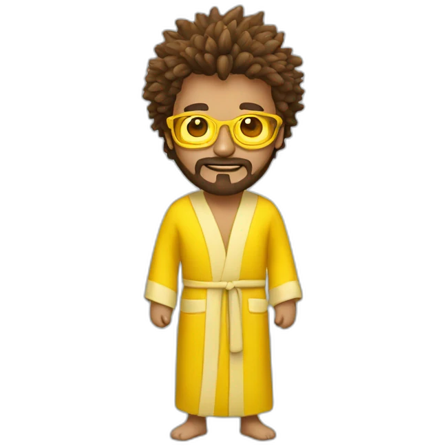 man with golden glasses, brown spikey hair and beard in yellow bathrobe emoji