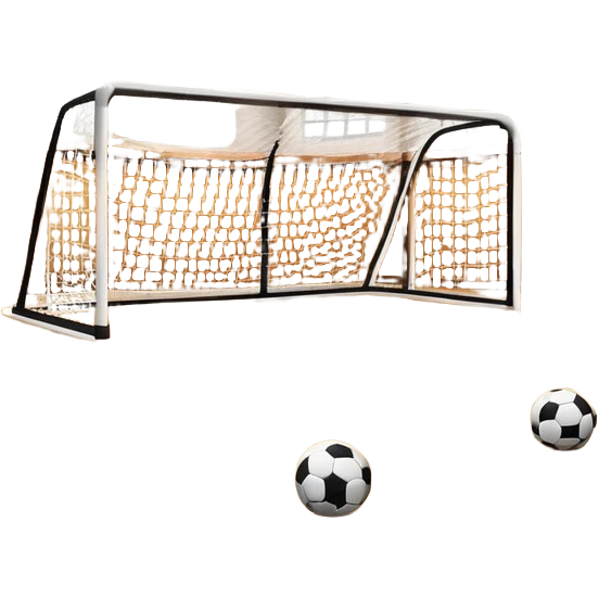 A close-up of footballs and a goal on a covered indoor futsal court with a wooden floor. The scene highlights the details of the balls and goalposts, with the smooth, polished court surface creating a clean and focused atmosphere for the game. emoji
