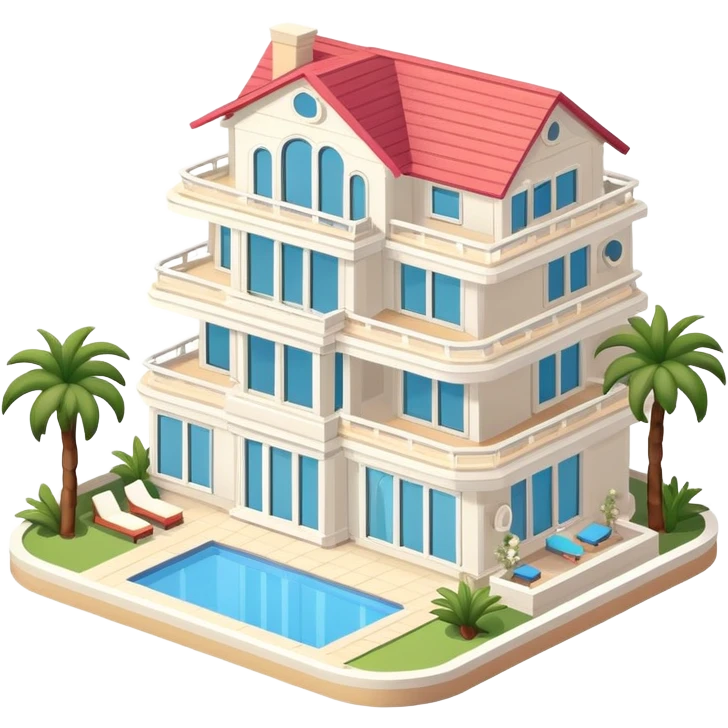Malibu mansion, isometric dollhouse-style, realistic emoji