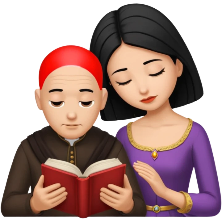 Bald headed man bowing to a black haired queen, while she read a book emoji