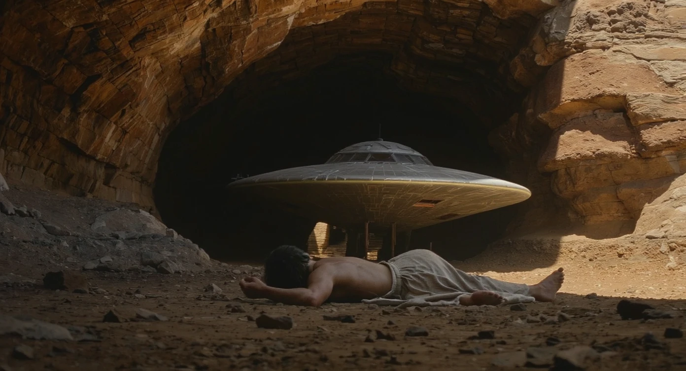 cinematic still, documentary photography, acient egypt, back shot of a man dress in ancient clothes in cave on ground laying front of small ufo starship, palms, dynamic scane, leading lines, captured by arri alexa, depth layers, piramids in babckground emoji