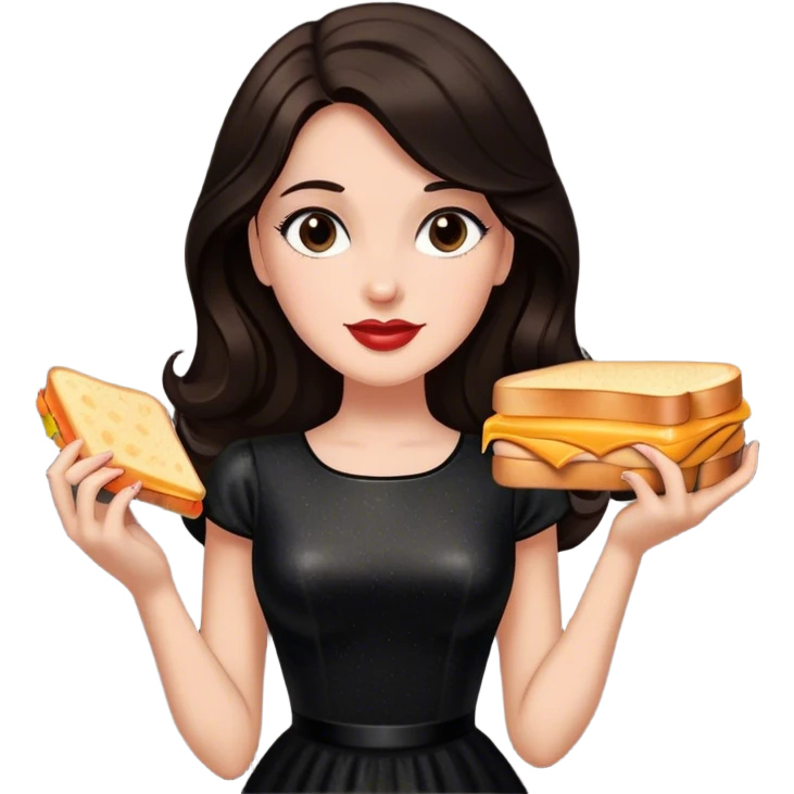 Beautiful woman in 1950’s woman fashion look, black shimmery dress, long dark brown hair, grilled cheese sandwiche emoji