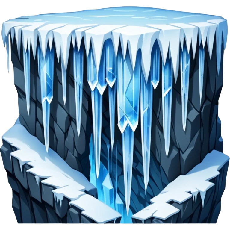 A stunning winter scene showing long, sharp icicles hanging from a frozen cliff or ledge, glistening in bright daylight. The surface is covered in snow and ice, with a cold blue and white color palette, highly detailed, realistic lighting, and frosty atmosphere. emoji