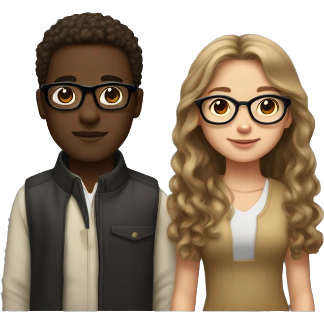 A girl with light skin, long and straight hair which is light brown and black glasses next to a boy who is dark skinned, only he has curly hair and he doesn't have glasses emoji