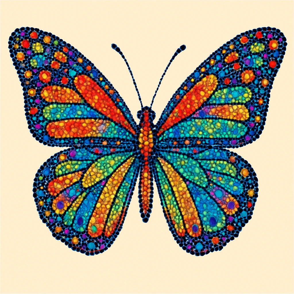 A colorful butterfly with intricate wing patterns, composed entirely of vibrant dots of various sizes and colors creating a beautiful pointillist effect emoji