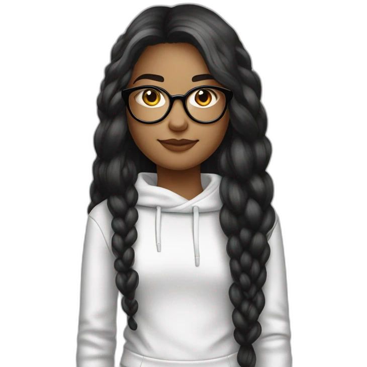une fille avec de long cheveux noir lisse, la peau blanche ,et avec des lunette (en forme de carrer un peu déformé) assez grosse comparer a ça tête , portant un pull noir emoji