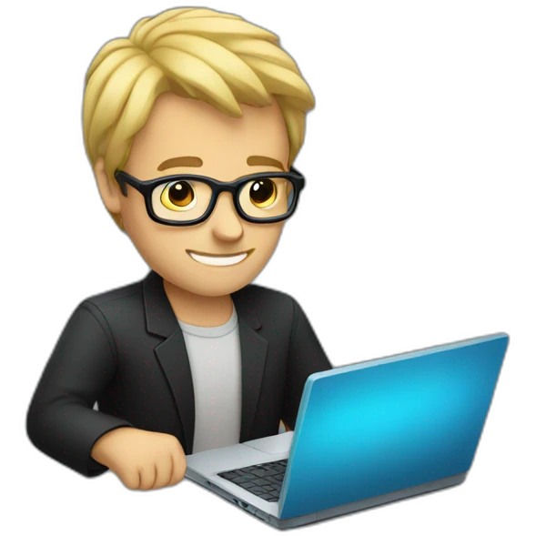 a man with blond hair with black glasses with a laptop in his hands emoji
