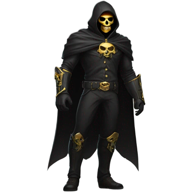 Bounty Hunter Boss with black cape and a gold skull mask from death Stranding, full body view emoji