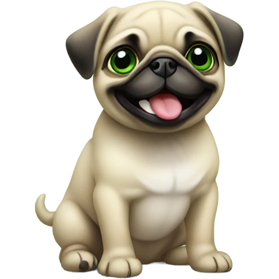Baby pug with big green eyes smiling with tongue out emoji