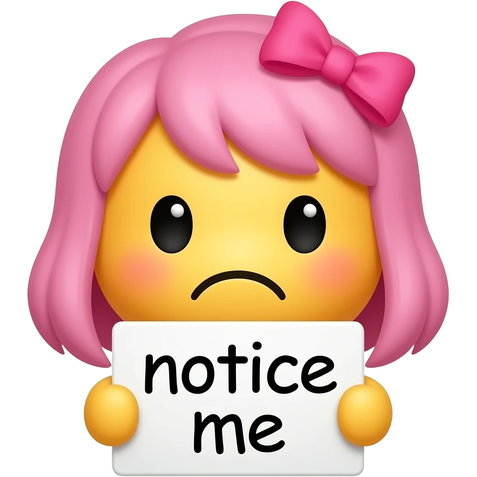 Yellow smiley with pink hairbow sad holding up a sign that says "notice me" emoji