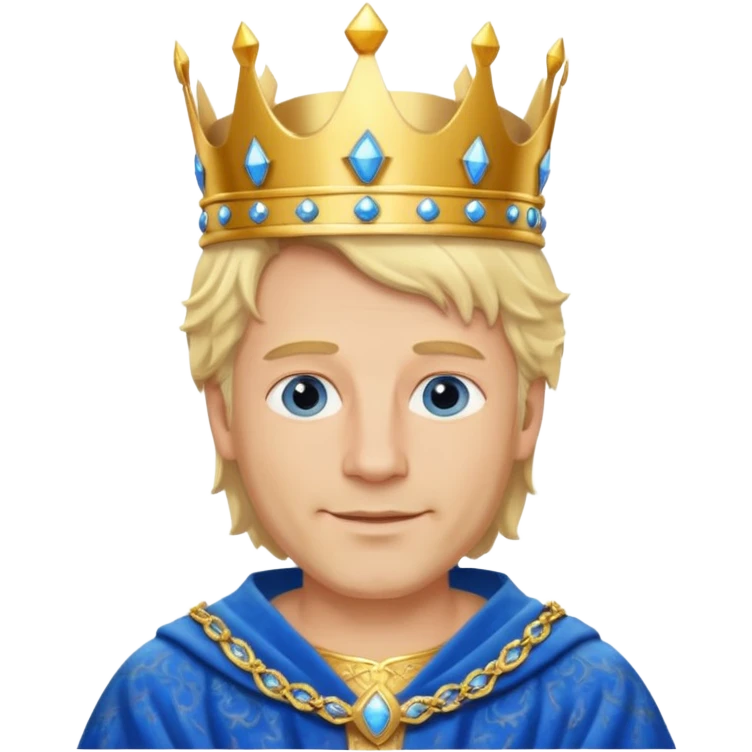 
1 Middle-aged white king, 40 years old, blond hair, blue eyes, kind and benevolent vibe, gentle smile, wearing a crown and blue robe emoji emoji