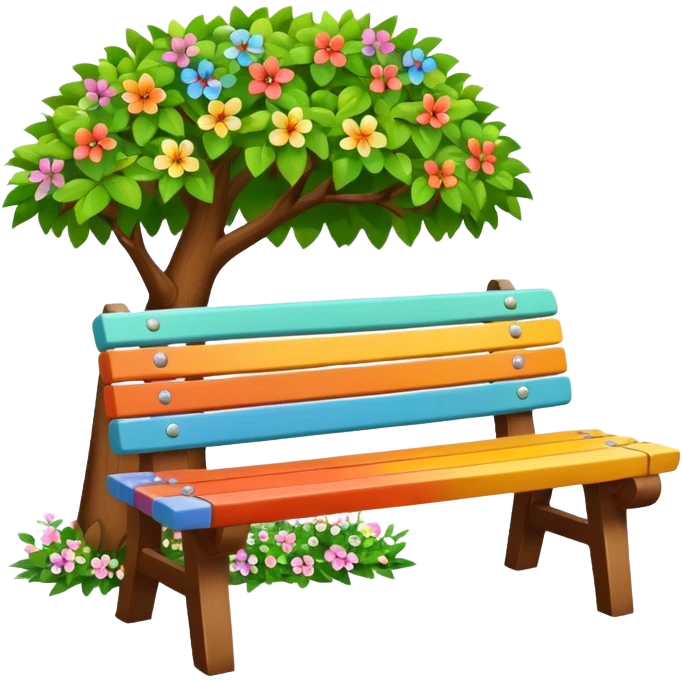 multicolored bench under a leafy tree with tiny flowers, clean and friendly emoji