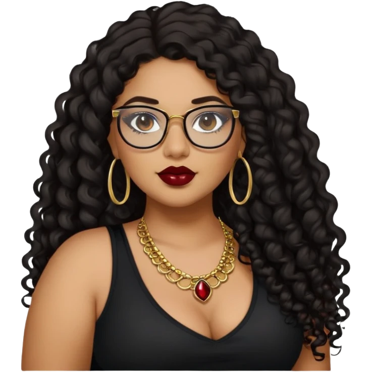 teen big plus size, latina, darker tan skin, gold jewelry, long black curly hair, baddie,pretty, makeup, dark red lipgloss, black eyeliner, long hair, black top, black glasses emoji