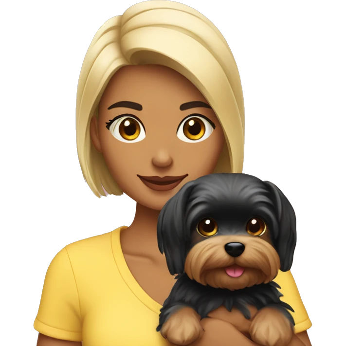 Chica morena paseando con dos yorkshire terrier negros emoji