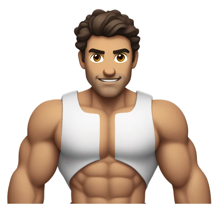 a muscular greek body goal guy flexing no moustache or beard and wavy dark brown hair  emoji