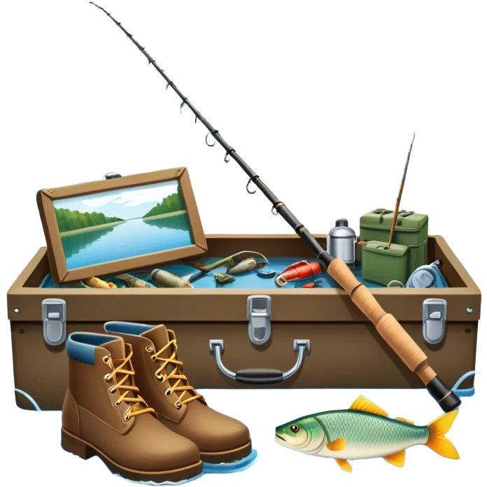 Icon for Fishing Travel: a fishing rod, tackle box, boots, and a boat by a serene lake, with fish jumping out of the water and surrounded by lush nature. The icon should capture the peaceful and adventurous spirit of fishing trips. Transparent background. emoji