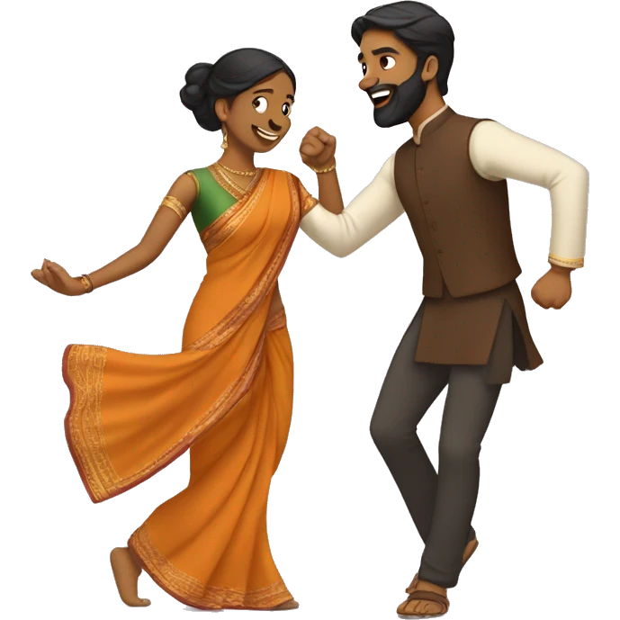 Brown man with trimmed beard dancing with brown girl wearing a saree emoji