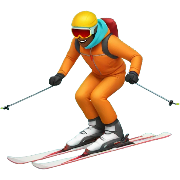 man skiing in dark yellow orange jacket with red helmet and turquoise pants emoji